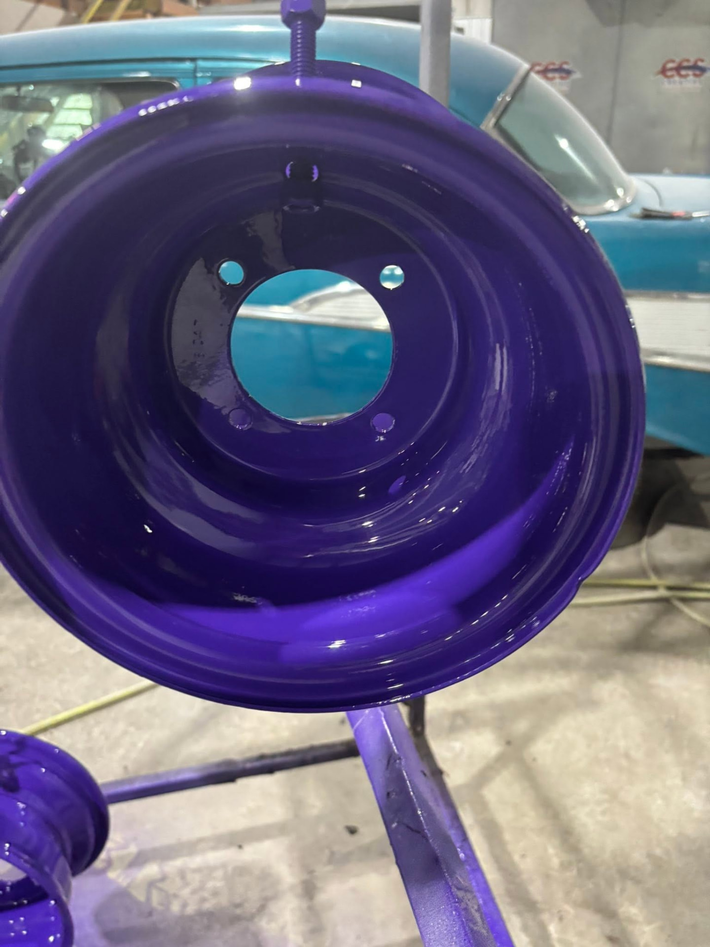 Wheel finished in candy purple powder coating